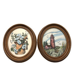 2 Marvetti Cultured Ivory Double Etched Lighthouse & Morning Glories Framed Art